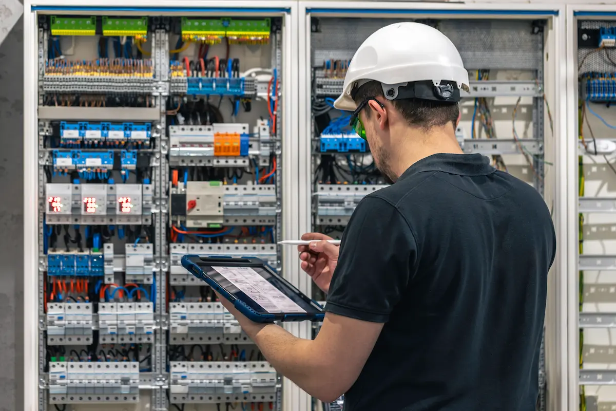 Electrician performing post-installation support and electrical system diagnostics in a commercial facility